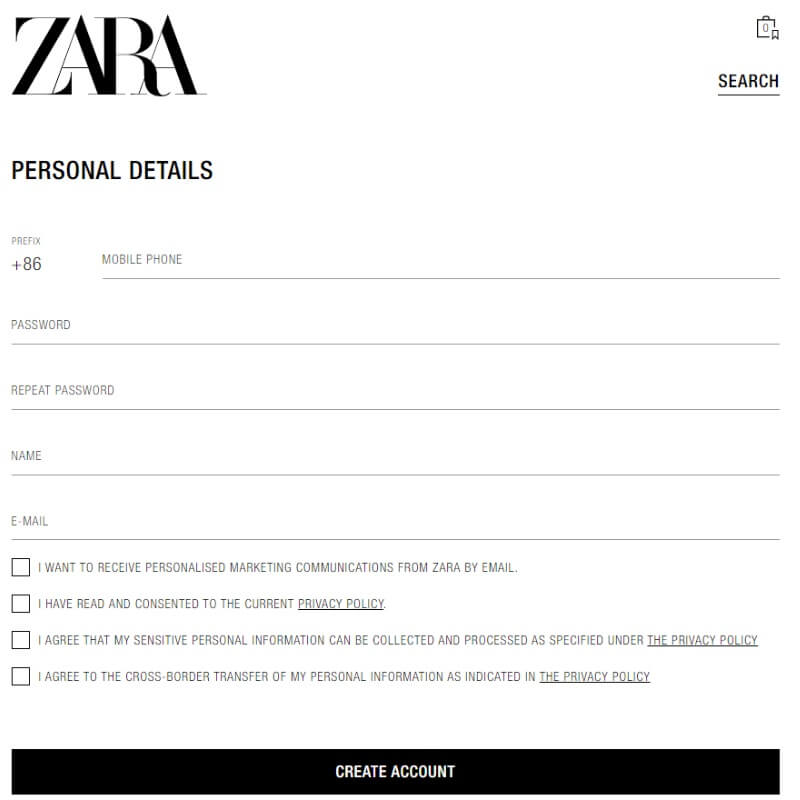 Cách tạo tài khoản Zara China