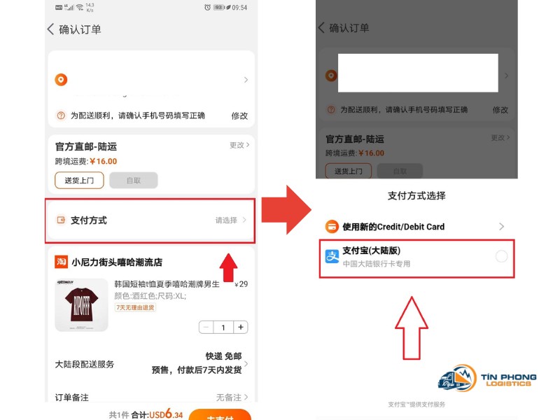 Lựa chọn đơn hàng và chọn phương thức thanh toán là Alipay