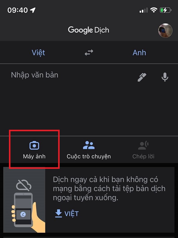 Dịch Tiếng Việt sử dụng máy hình họa bên trên tiện ích Google Dịch