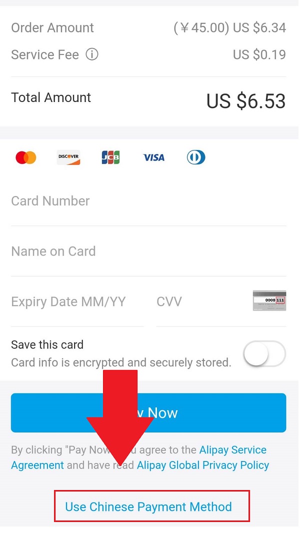 Click "Use Chinese Payment Method" để nhờ người khác thanh toán hộ Alipay