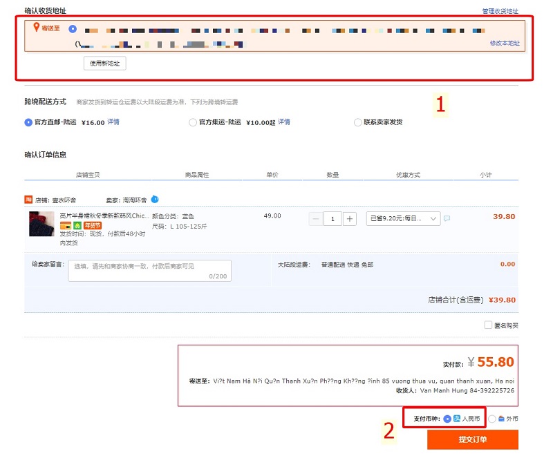 Cập nhật địa chỉ nhận hàng và chọn thanh toán là Alipay